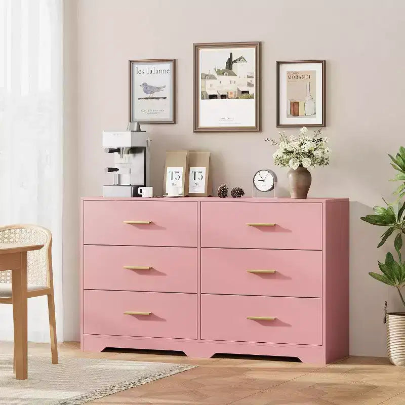 Commode à 6 tiroirs, commode moderne avec poignées métalliques, meuble TV en bois