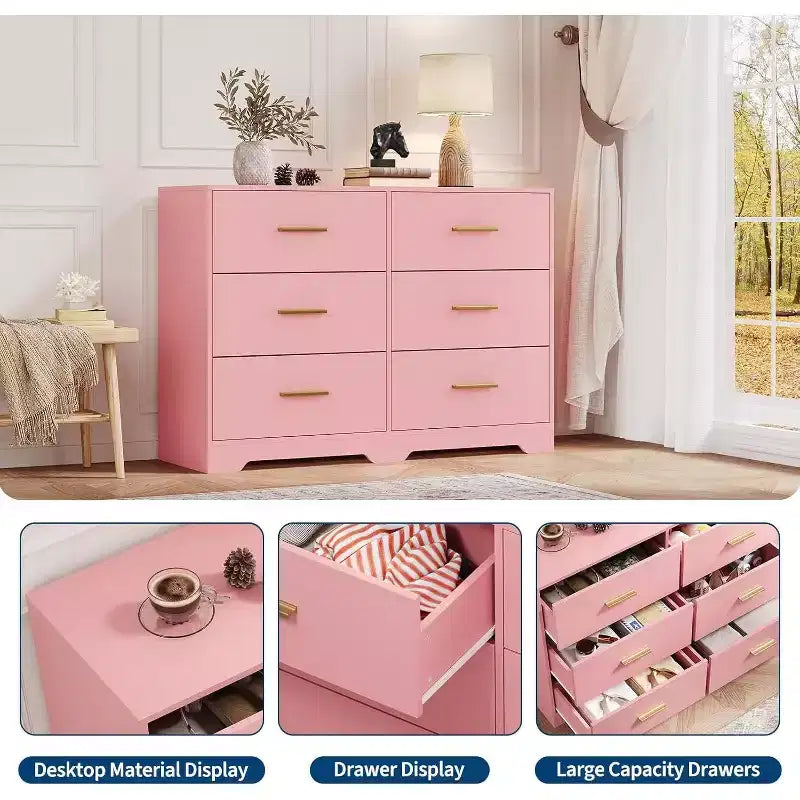 Commode à 6 tiroirs, commode moderne avec poignées métalliques, meuble TV en bois