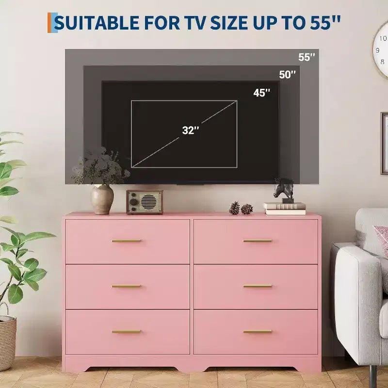 Commode à 6 tiroirs, commode moderne avec poignées métalliques, meuble TV en bois