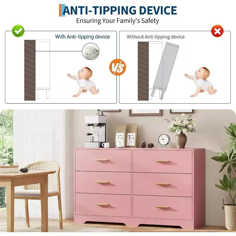 Commode à 6 tiroirs, commode moderne avec poignées métalliques, meuble TV en bois