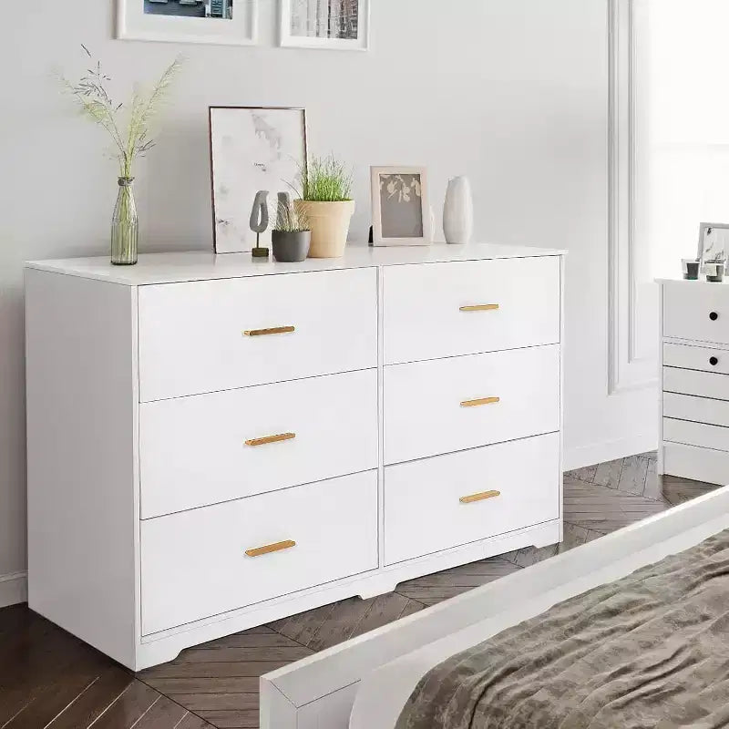 Commode à 6 tiroirs, commode moderne avec poignées métalliques, meuble TV en bois