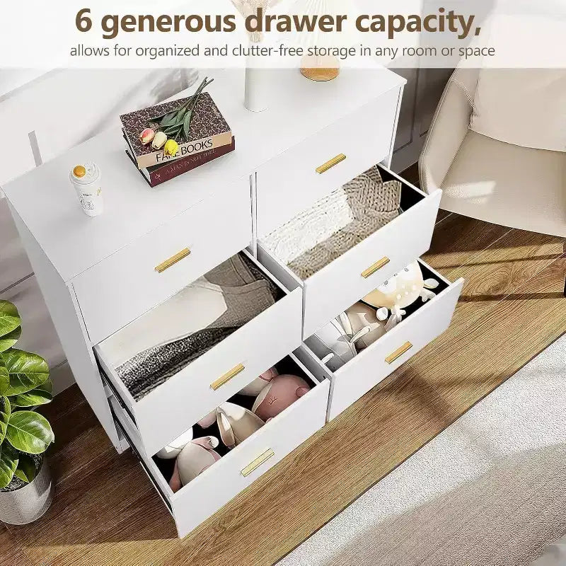 Commode à 6 tiroirs, commode moderne avec poignées métalliques, meuble TV en bois