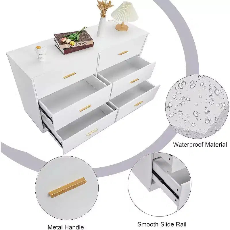Commode à 6 tiroirs, commode moderne avec poignées métalliques, meuble TV en bois