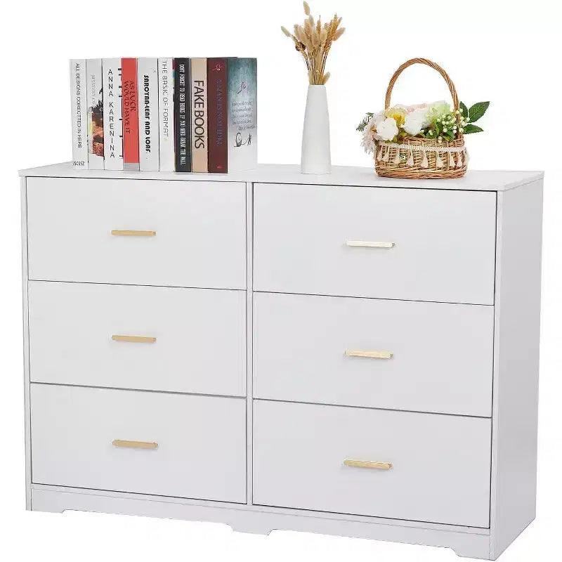 Commode à 6 tiroirs, commode moderne avec poignées métalliques, meuble TV en bois