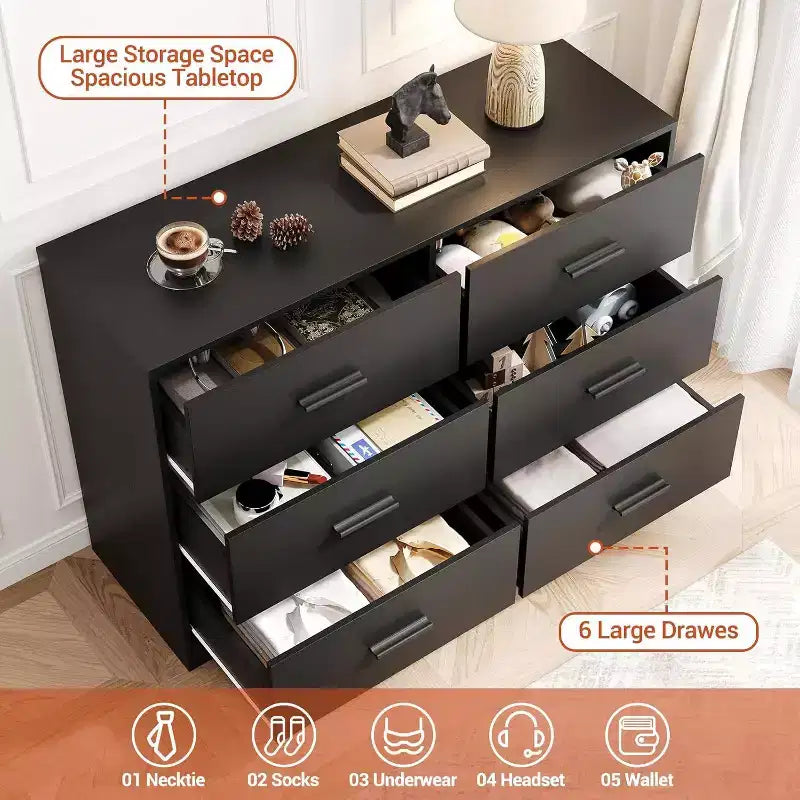 Commode à 6 tiroirs, commode moderne avec poignées métalliques, meuble TV en bois