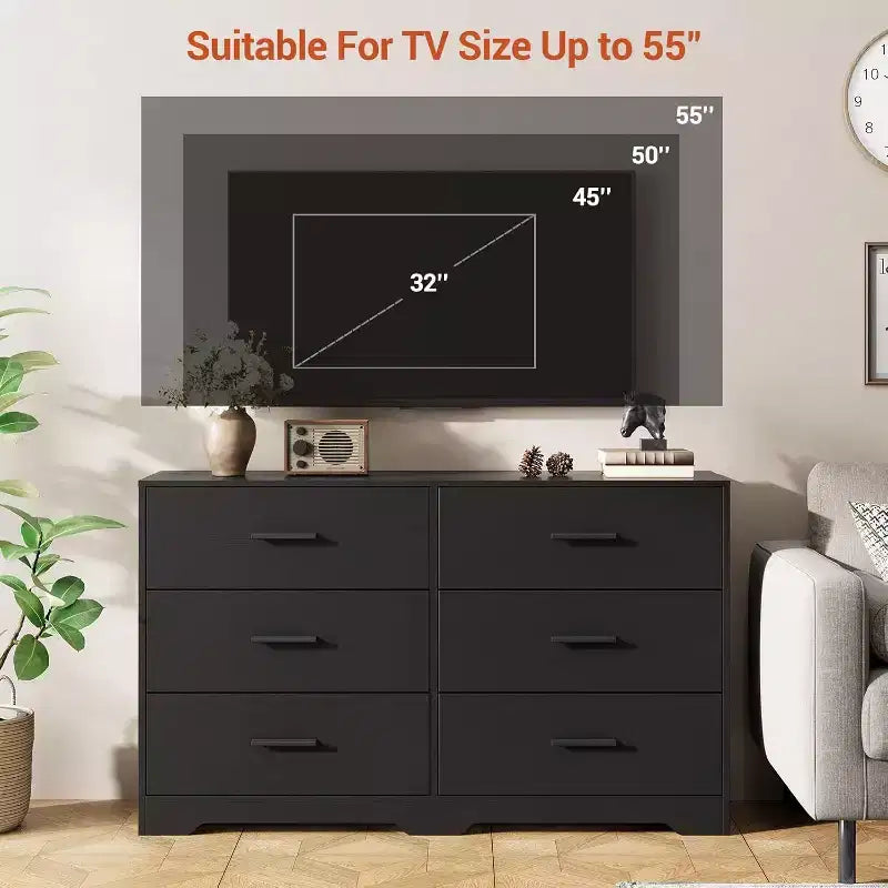 Commode à 6 tiroirs, commode moderne avec poignées métalliques, meuble TV en bois