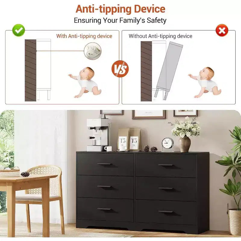 Commode à 6 tiroirs, commode moderne avec poignées métalliques, meuble TV en bois