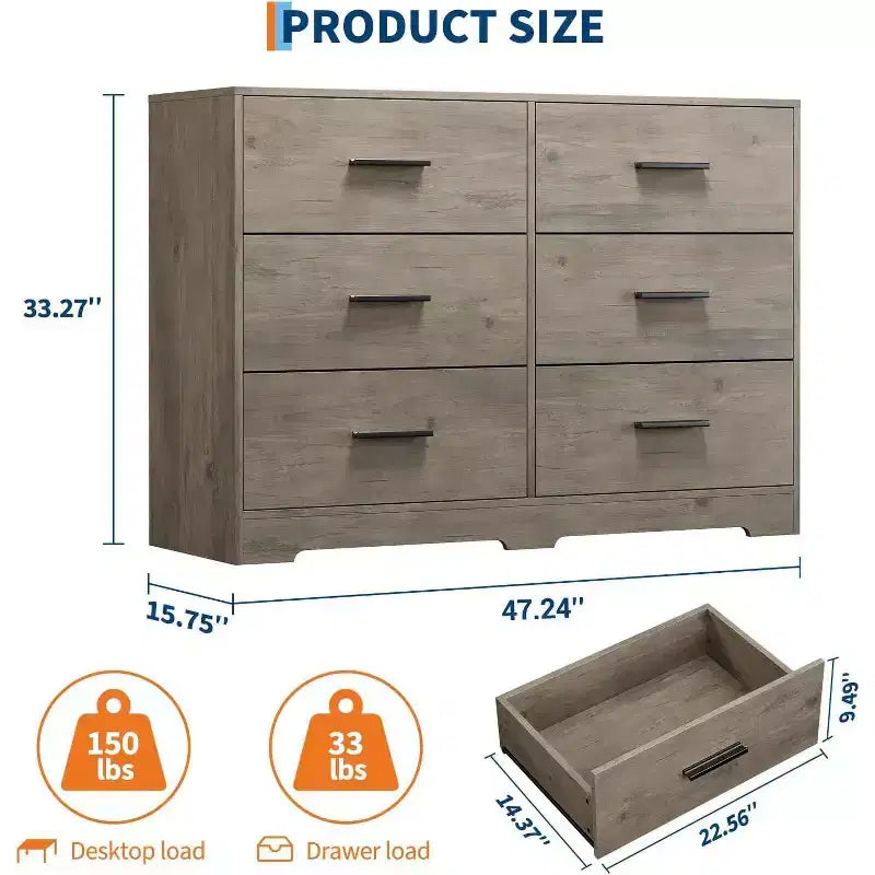 Commode à 6 tiroirs, commode moderne avec poignées métalliques, meuble TV en bois