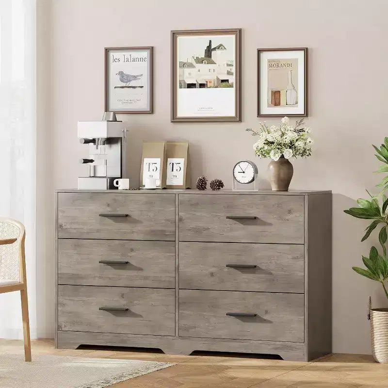 Commode à 6 tiroirs, commode moderne avec poignées métalliques, meuble TV en bois