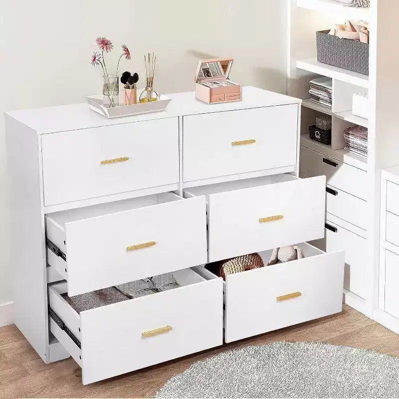 Commode à 6 tiroirs, commode moderne avec poignées métalliques, meuble TV en bois