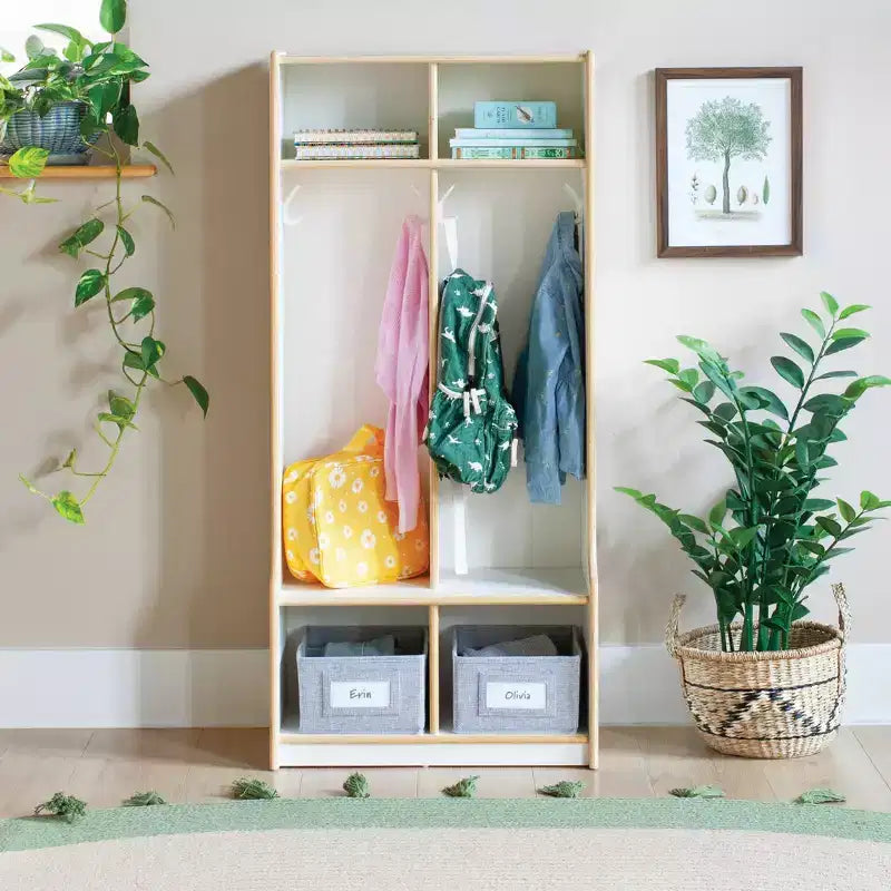 Casier de rangement en bois à 2 sections avec banquette pour salle de classe