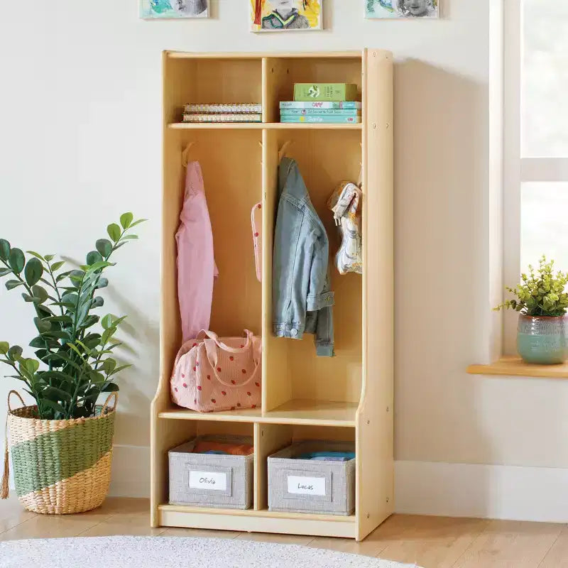 Casier de rangement en bois à 2 sections avec banquette pour salle de classe