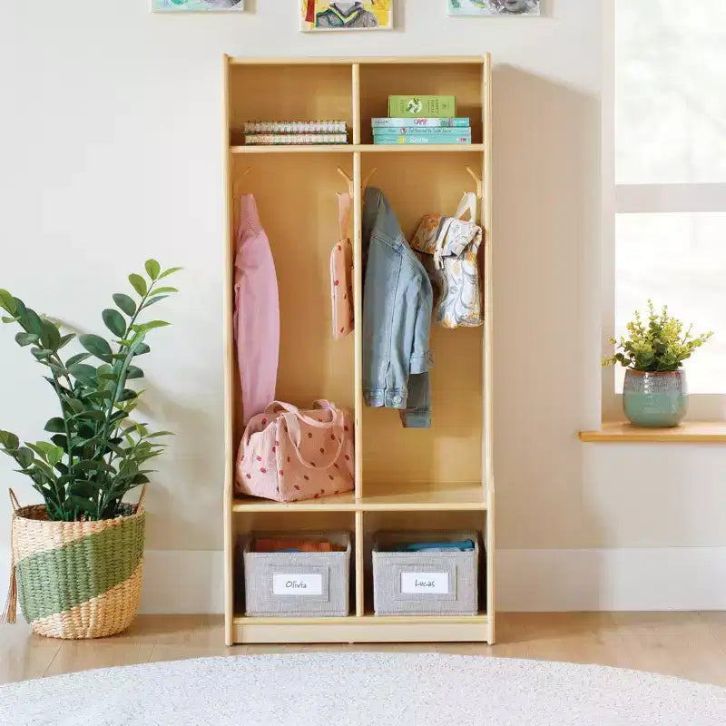 Casier de rangement en bois à 2 sections avec banquette pour salle de classe