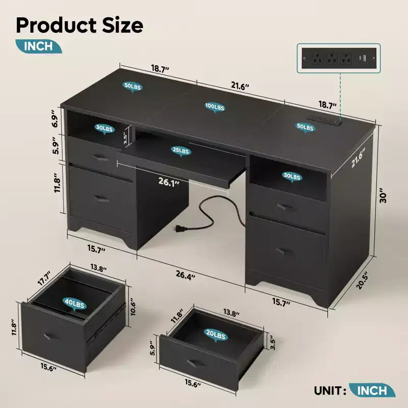 Bureau d'ordinateur avec station de recharge et tiroir pour clavier, bureau avec tiroirs