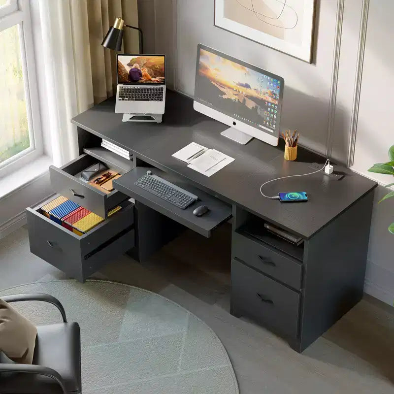 Bureau d'ordinateur avec station de recharge et tiroir pour clavier, bureau avec tiroirs