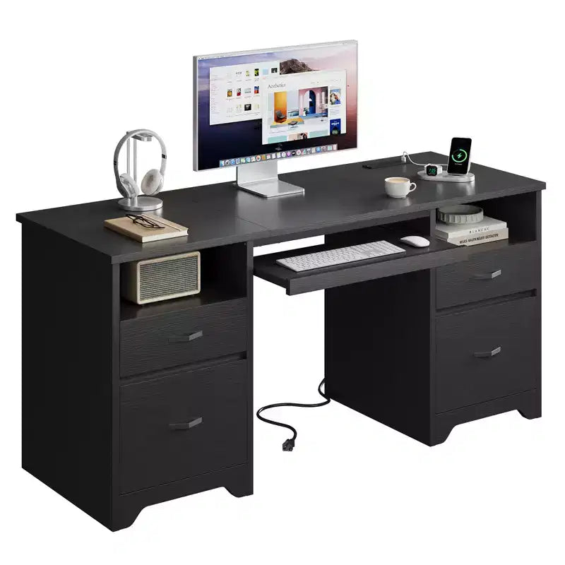 Bureau d'ordinateur avec station de recharge et tiroir pour clavier, bureau avec tiroirs