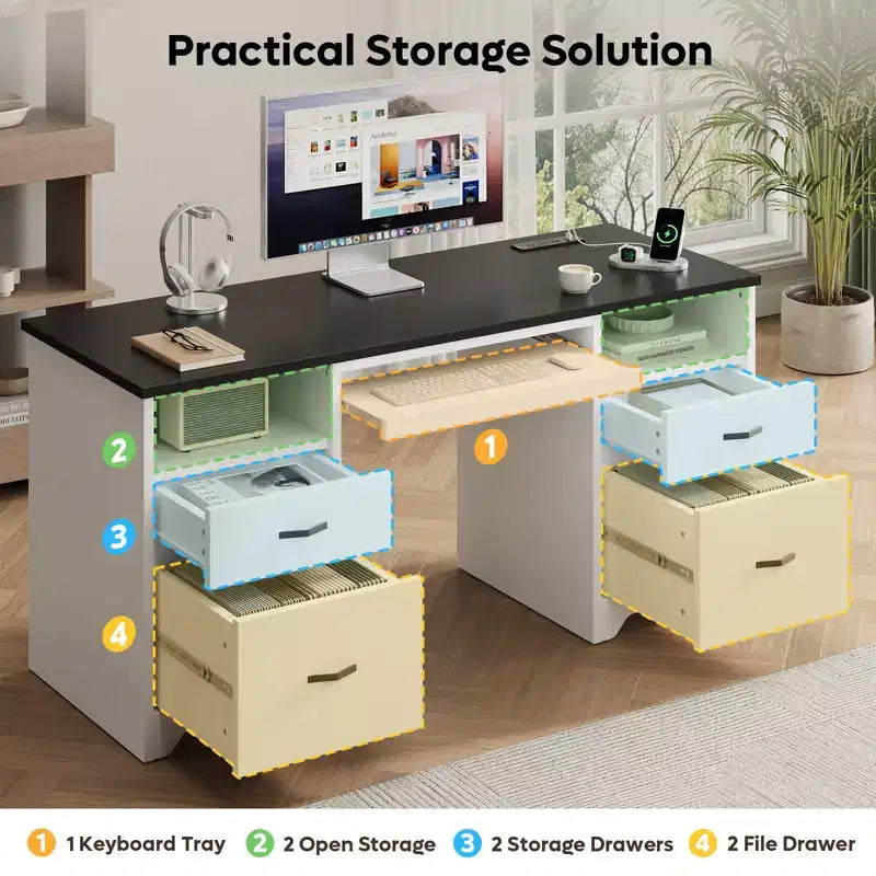 Bureau d'ordinateur avec station de recharge et tiroir pour clavier, bureau avec tiroirs
