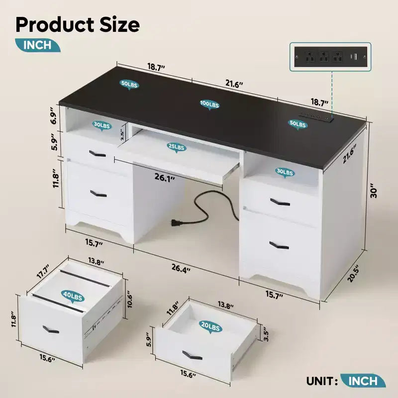 Bureau d'ordinateur avec station de recharge et tiroir pour clavier, bureau avec tiroirs