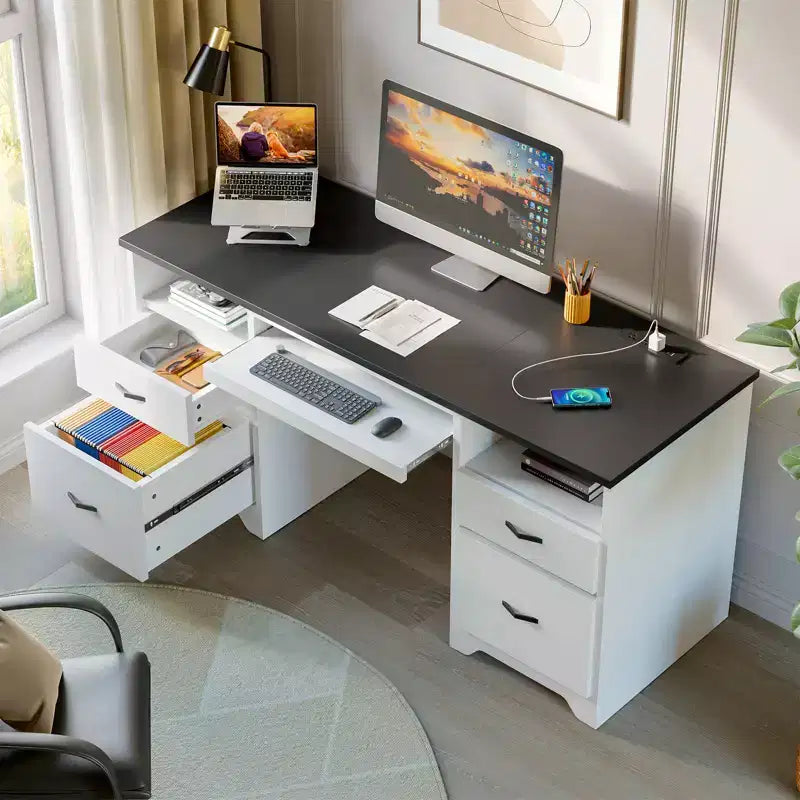 Bureau d'ordinateur avec station de recharge et tiroir pour clavier, bureau avec tiroirs