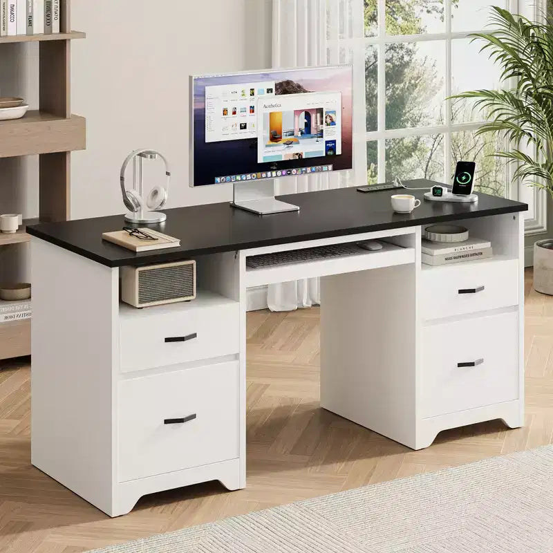Bestier 59'' Office Desk with Charging Station & Keyboard Tray, Computer Desk with Drawers, Modern Executive Desk for Home office