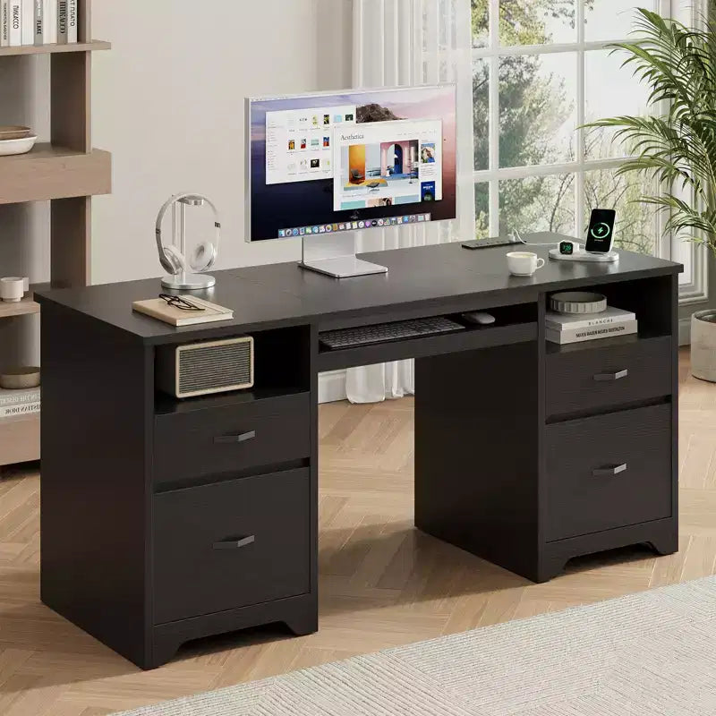 Bureau d'ordinateur avec station de recharge et tiroir pour clavier, bureau avec tiroirs