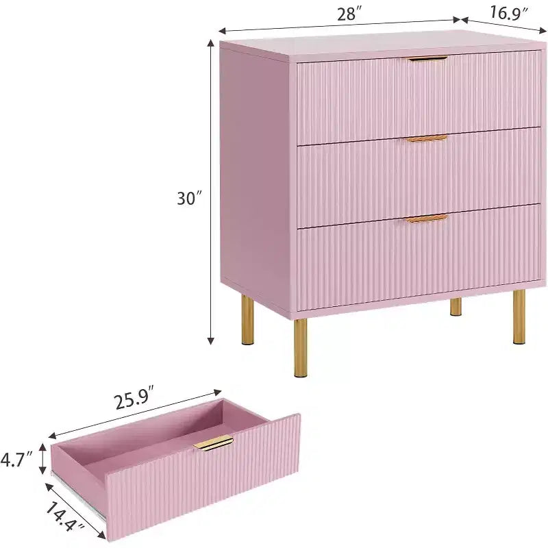 Commode moderne à 3 tiroirs – Grand rangement pour chambre avec poignées dorées