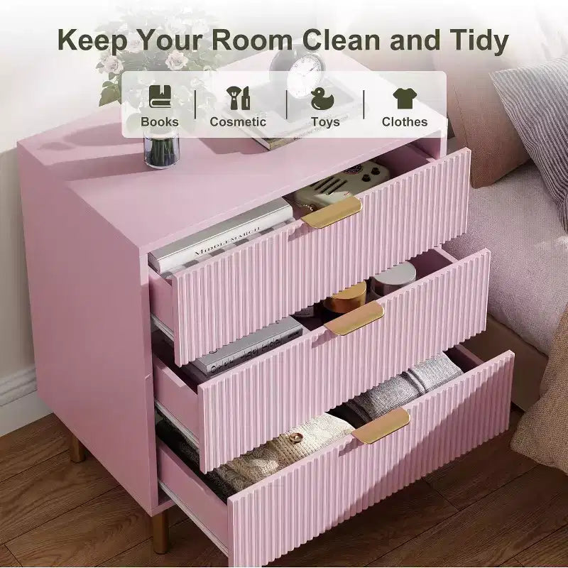 Commode moderne à 3 tiroirs – Grand rangement pour chambre avec poignées dorées