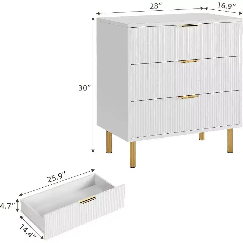 Commode moderne à 3 tiroirs – Grand rangement pour chambre avec poignées dorées