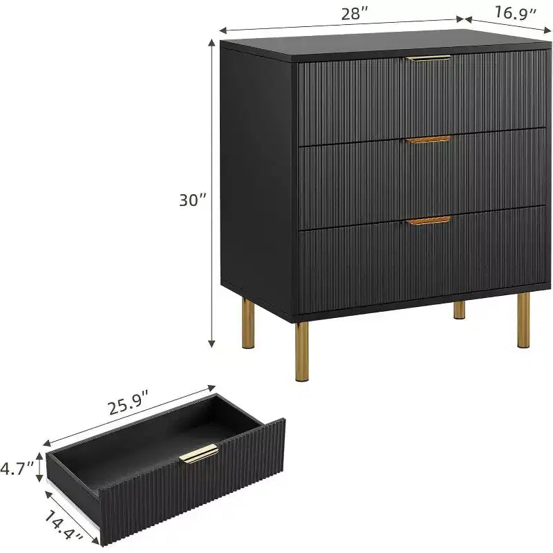Commode moderne à 3 tiroirs – Grand rangement pour chambre avec poignées dorées