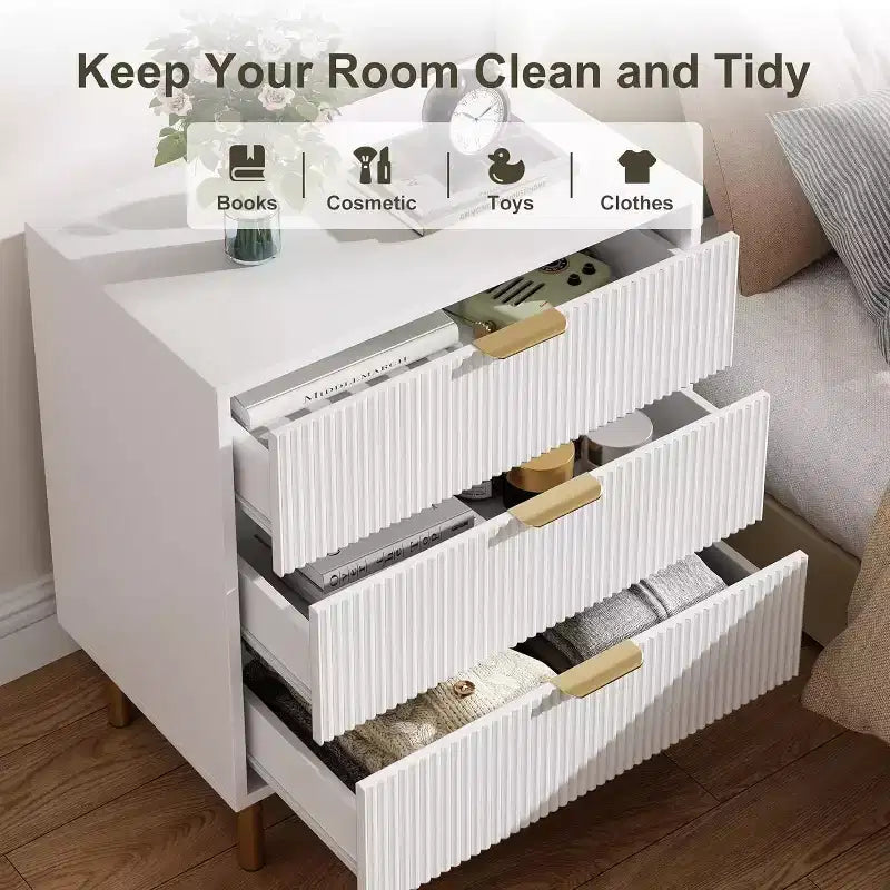 Commode moderne à 3 tiroirs – Grand rangement pour chambre avec poignées dorées
