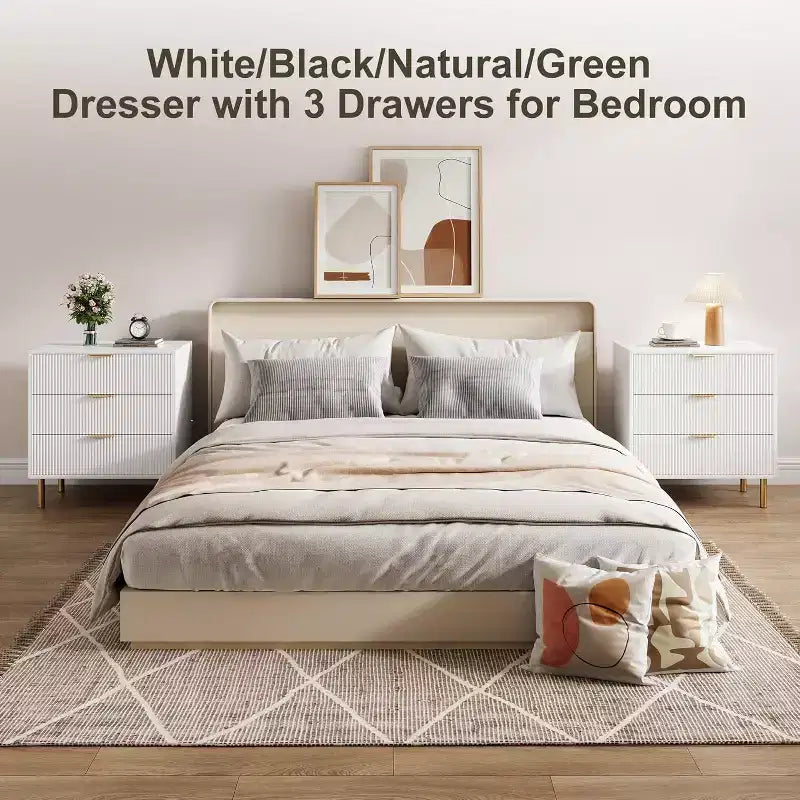 Commode moderne à 3 tiroirs – Grand rangement pour chambre avec poignées dorées