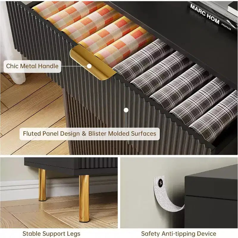 Commode moderne à 3 tiroirs – Grand rangement pour chambre avec poignées dorées