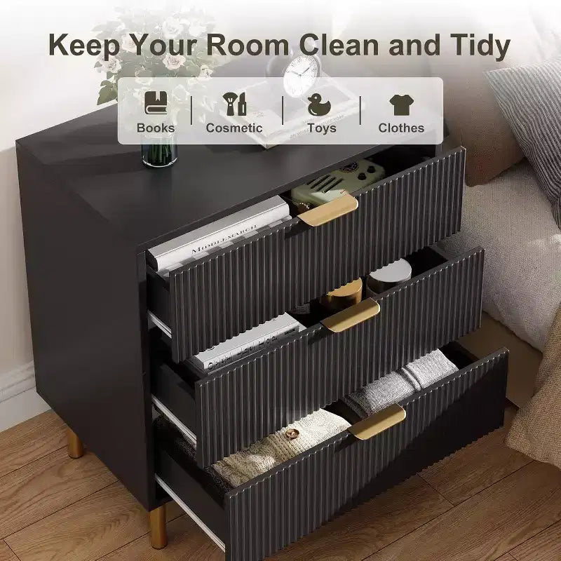 Commode moderne à 3 tiroirs – Grand rangement pour chambre avec poignées dorées