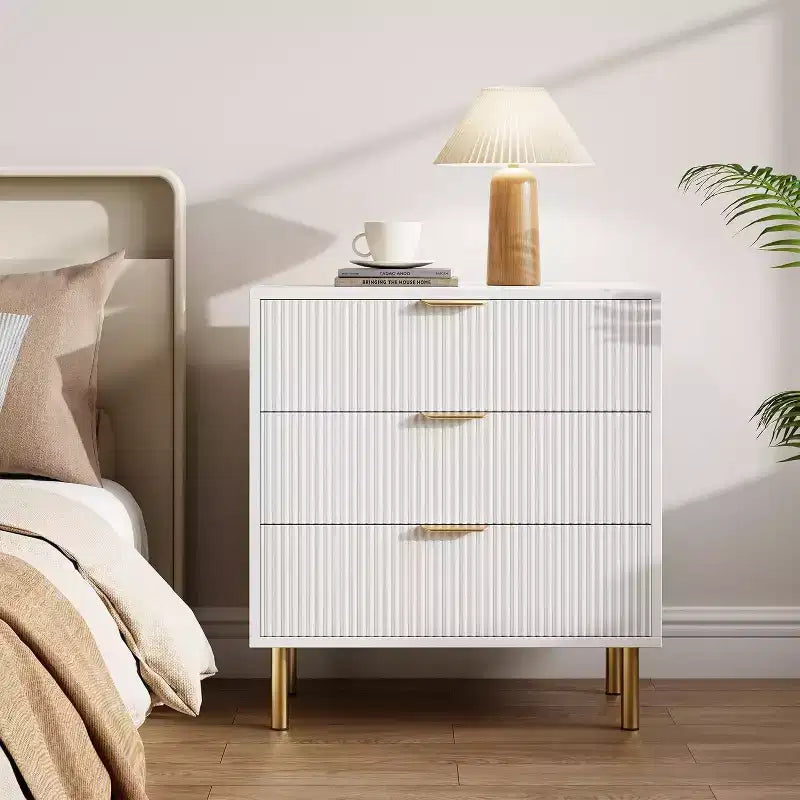 Commode moderne à 3 tiroirs – Grand rangement pour chambre avec poignées dorées