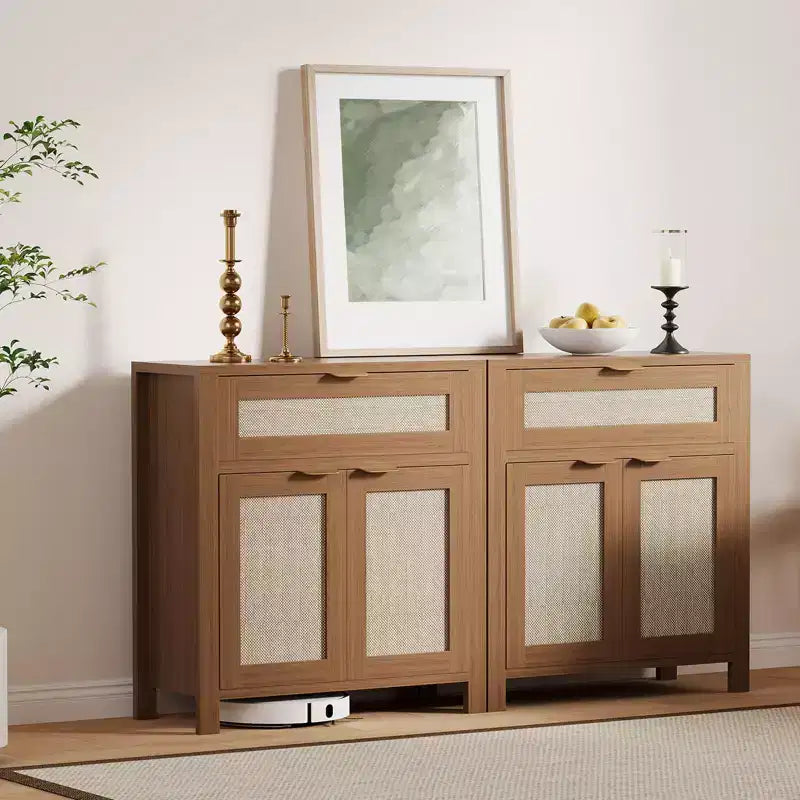 Buffet bahut moderne en rotin avec portes
