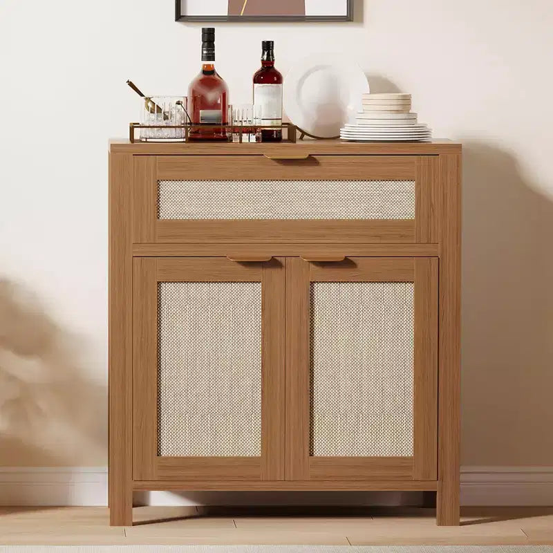 Modern Rattan Sideboard Buffet Storage Cabinet with Doors, Boho Narrow Accent Credenza Cabinet with Storage Coffee Bar Console Table